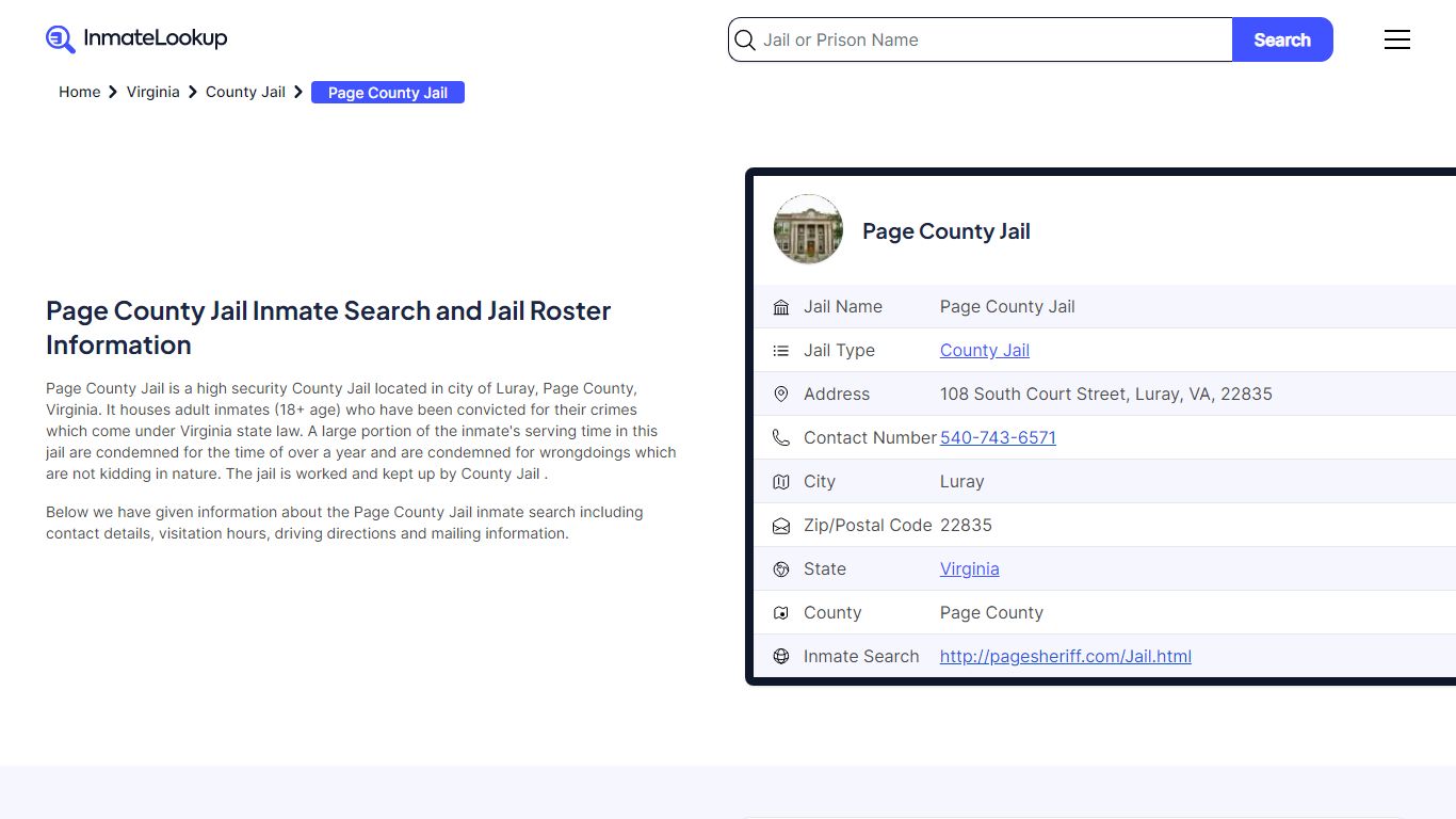 Page County Jail Inmate Search - Luray Virginia - Inmate Lookup